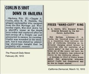 Two newspaper clippings against a pale yellow background. One says Conlin Is Shot Down in Okolona. The other says Frees Hand Cuff King. 